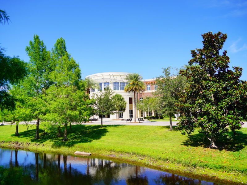 A modern building with large windows behind green trees and a pond under a bright blue sky.